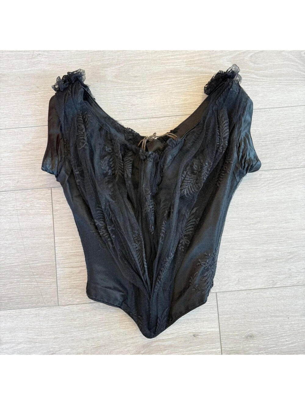 Women's Antique 1860s/1870s Lace & Satin Baleen Boned Bodice Corset Black XXS